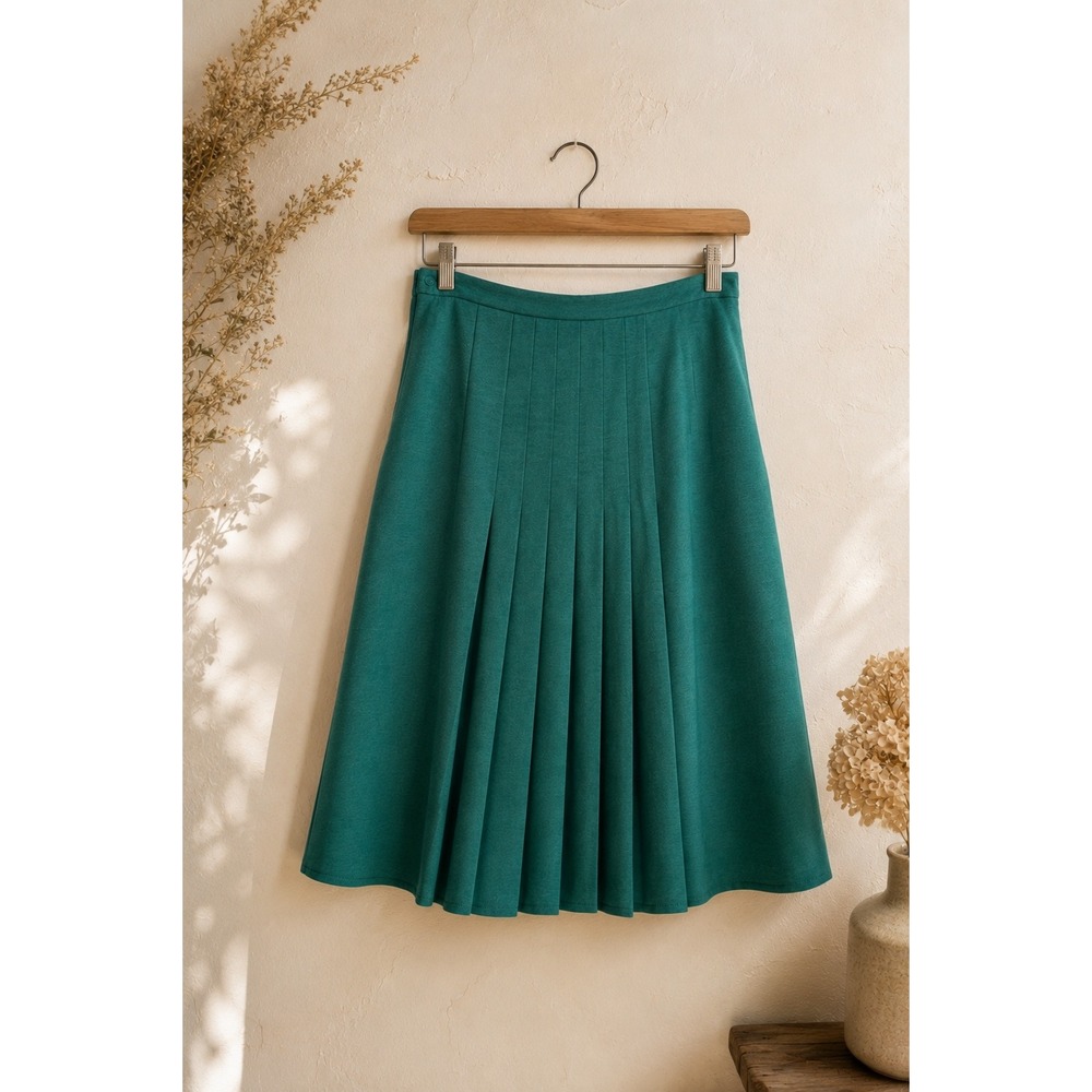 Vintage‎ Green Pleated Wool Skirt A-Line West Germany EU 42 Minimalist Classic